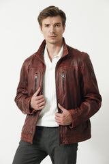 Herren Lederjacke mit Stehkragen Lammnappa in dunkel Rot used Look