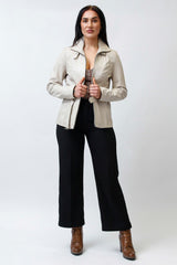 Halblange taillierte echte Damen Lederjacke mit Gürtel aus Lammnappa beige