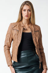 Kurze Damen Lederjacke aus Lammnappa Cognac im Vintage Look tailliert