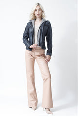 Damen Leder Bikerjacke im Jeans Washedlook Lammnappa Sky Blue mit Kapuze