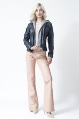 Damen Leder Bikerjacke im Jeans Washedlook Lammnappa Sky Blue mit Kapuze