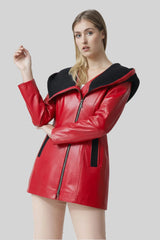 Echte Damen Lederjacke tailliert in Lammnappa Rot/schwarz mit Strickkapuze