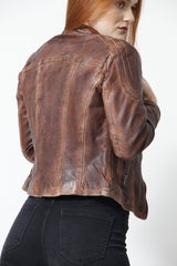 Braune Damen Jacke kurz im Vintage Washed Lammnappa und Stehkragen