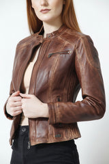 Braune Damen Jacke kurz im Vintage Washed Lammnappa und Stehkragen