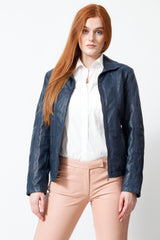 Echte kurze sportliche Lederjacke aus Lammnappa in Navy Blue tailiert