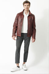 Herren Lederjacke mit Stehkragen Lammnappa in dunkel Rot used Look