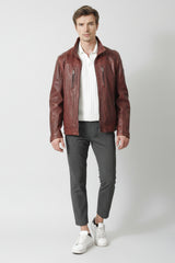 Herren Lederjacke mit Stehkragen Lammnappa in dunkel Rot used Look