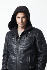 Coole schwarze Biker Lederjacke aus Lammnappa mit Stehkragen und Kapuze.
