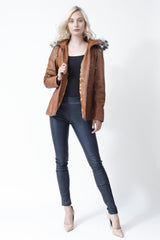 Damen Lederparka aus Lammnappa cognac abnehmbarer Kapuze und Pelzrand