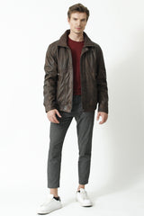 Herren Lederblouson in Braun antik geschliffenes Lammleder und vielen Taschen