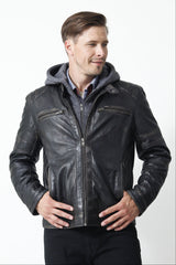 Herren Biker Lederjacke mit Kapuze Lammnappa in schwarz grau