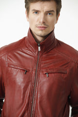 Herren Lederjacke Lammnappa in d.Rot in Vintage Look hochschließbar