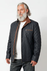 Längere Herren Lammnappalederjacke gesteppt mit Stehkragen in Blau cognac abgesetzt