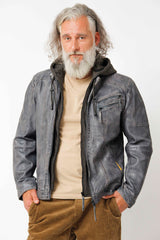 Herren Lammnappa echte Lederjacke Bikerstyle Blau Grau Vintage Look mit Kapuzenhoodie