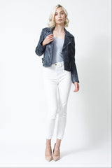 Kurze Damen Biker Lederjacke in Lammnappa Jeansblau im vintage Look