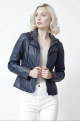 Kurze Damen Lederjacke in vintage Blau mit Kapuze - Leder Schmidt Online