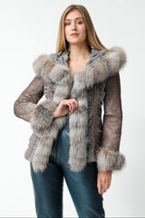 Exklusive Damen Leder Lammfelljacke Mix Grau mit Kapuze und Silberfuchsverbrämung
