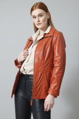 Taillierte Damen Lammnappa Lederjacke in Orange - Leder Schmidt Online