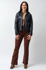 Kurze echte Bikerstyle Damenlederjacke in Navy vintage Lammnappa mit abnehmbare Kapuze, Einschubtaschen, Reißverschluss