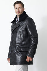 Herren Longjacke mit Knopf Doppelreiher Lammnappa Schwarz mit Lammfellkragen
