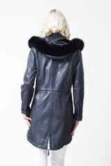 Damen Lederparka aus Lammnappa Blau vintage mit Kapuze und Blaufuchsstreifen