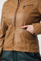Kurze Damen Biker-Style Lederjacke in Braun