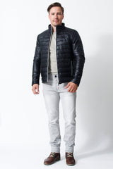 Gesteppte leichte Herren Lederjacke in Lammnappa schwarz mit Reißverschluss Leipzig