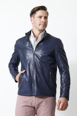Zeitlose Herren Lederjacke aus Lammnappa in Blau mit zwei Eingriffstaschen