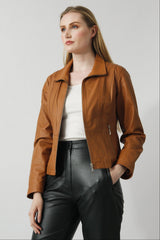 Kurze taillierte Damen Lederjacke in Lammnappa cognac mit Frontreißverschluss