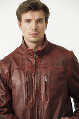 Herren Lederjacke mit Stehkragen Lammnappa in dunkel Rot used Look