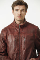 Herren Lederjacke mit Stehkragen Lammnappa in dunkel Rot used Look