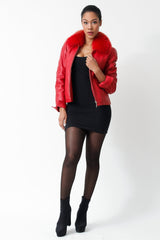 Kurze echte Damen Lederjacke tailliert aus Lammnappa Rot mit abnembaren Blaufuchskragen abnehmbar