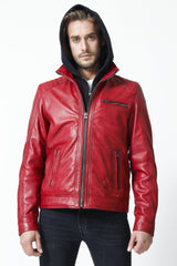Trendige Herren Lederjacke in rot aus Lammnappa mit Kapuze