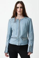 Kurzer Damen Lederbolero aus Lammnappa blue washed Look ohne Kragen