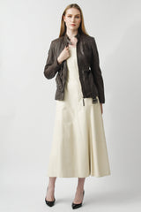 Taillierte echte Damen Lederjacke mit Gürtel aus Lammnappa braun