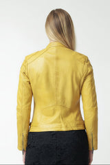 Damen Bikerstyle Lederjacke aus Lammnappa in gelb mit Stehkragen