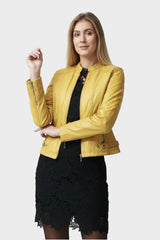 Damen Bikerstyle Lederjacke aus Lammnappa in gelb mit Stehkragen