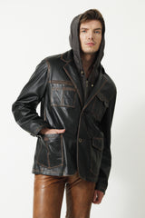 Herren Ledersakko sportlich in Braun mit Kapuze zum knöpfen