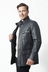 Lange Herren Lederjacke in Lammnappa anthrazit vintage Look viele Taschen
