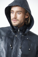 Herren Lederparka in Navy Blue aus Lammnappa mit Kapuze