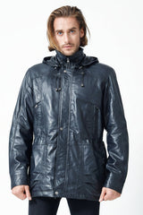 Echter Herren Lederparka in Navy Blue aus Lammnappa mit Kapuze