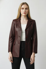 Längerer Damen Leder-Blazer in Lammnappa ohne Quernähte in Bordo