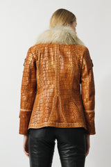 Damen Lammnappa Lederjacke in Croco-Optik mit Goldfuchs-Kragen und auf Taille gearbeitet