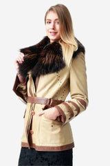 Lange Damen Lederjacke Lammnappa in camel braun mit Finnraccoon Kragen