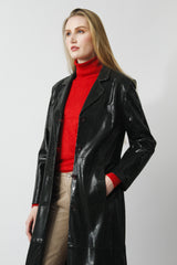 Damen Ledermantel in Petrol aus Ziegenleder bedruckt mit langem Schlitz