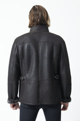 Leichte Halblange Herren Lammfell Jacke nappiert in dunkelbraun mit Stehkragen