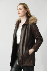 Damen Lederparka dunkelbraun Lammnappa mit Kapuze abtrennbar und Pelzstreifen Raccoon