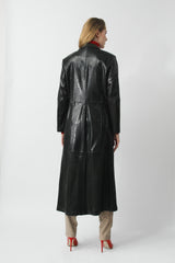 Dünner Figurbetonter Damen Ledermantel Petrol aus Ziegenleder bedruckt mit Folie