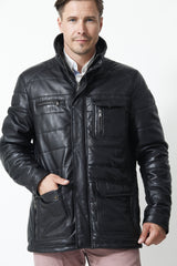 Schwarze gesteppte Herren Lederjacke in Lammnappa wattiert mit viele Taschen