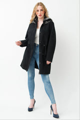 Lange Damen Lammfelljacke mit Kapuze in schwarz mit Reißverschluss